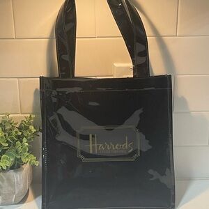 Harrods Shiny Black Vintage Style Tote with Gold Accents
